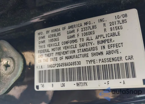2009 Honda Accord Lxp from USA, damaged, VIN 1HGCP26459A046530